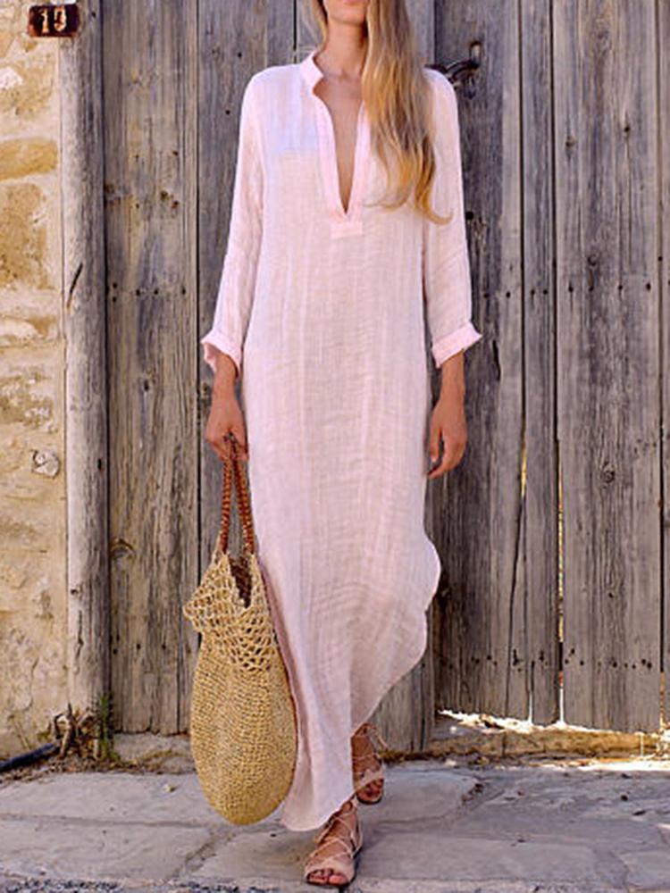

Solid Long Sleeve Plunge Slit Side Maxi Dress, Pink