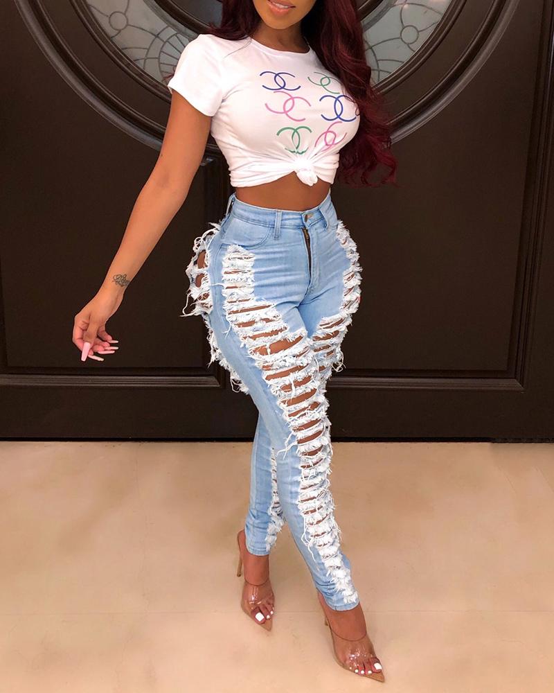 

High Waist Solid Denim Distressed Skinny Jeans, Blue