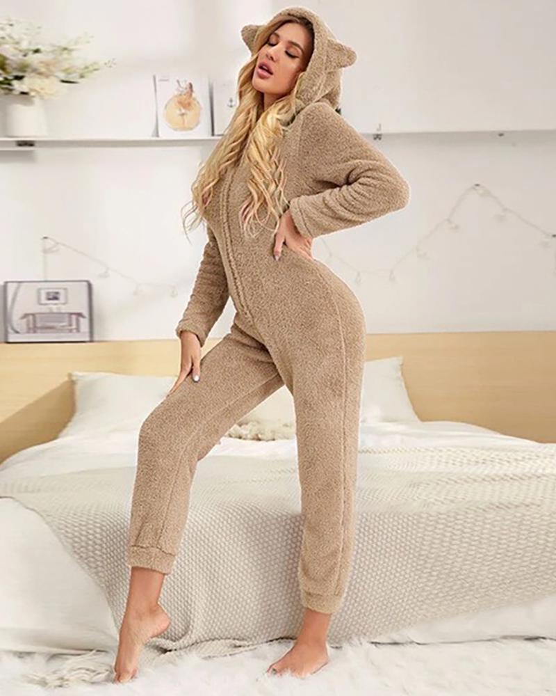 

Plain Hooded Teddy Animal Onesie Pajamas, Coffee