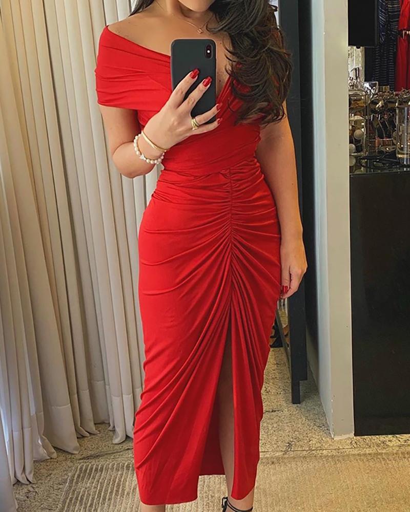 

Off Shoulder Ruched High Slit Dress, Red