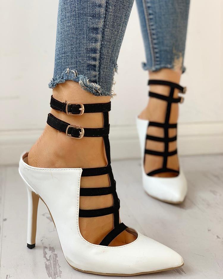 

Pointed Toe Contrast Color Caged Thin Heels, White