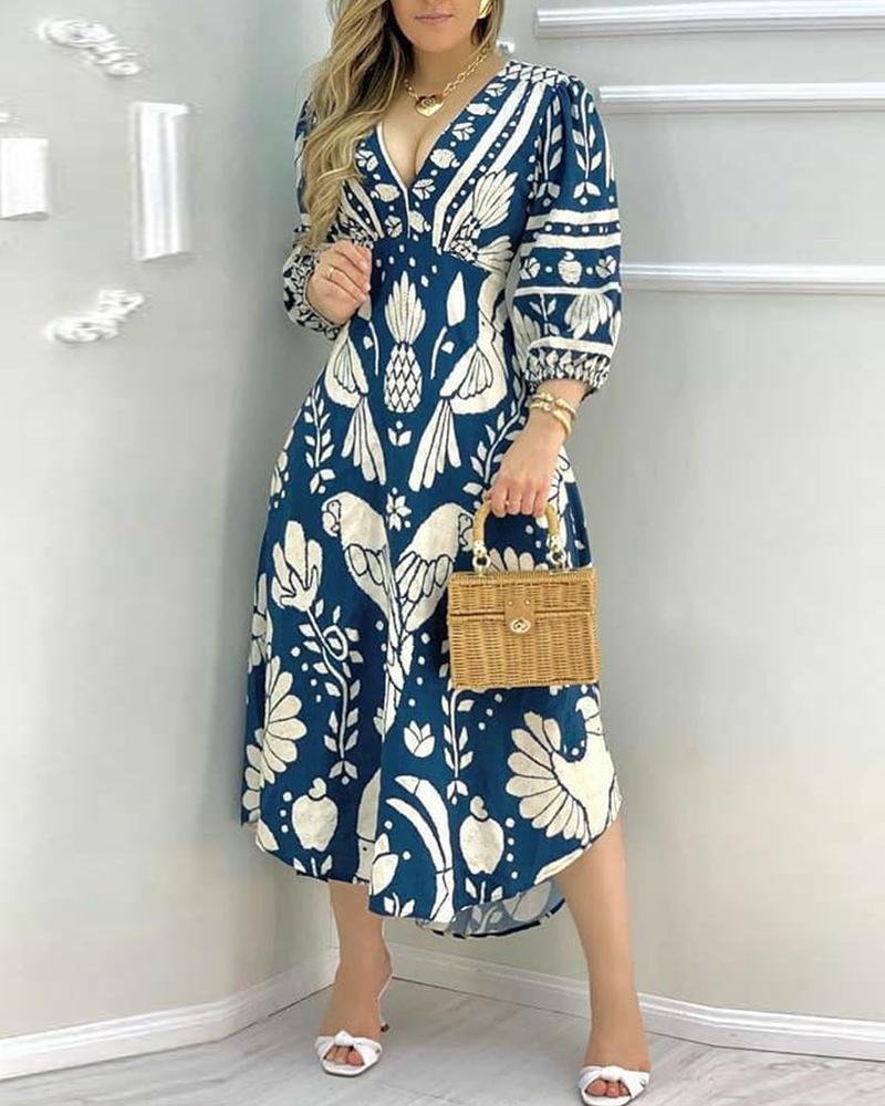 

Printing Skinny Waist 3/4 Sleeve Dress, Blue