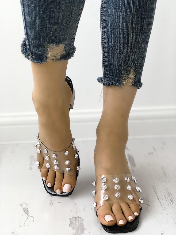 

Rivet Transparent Thick Strap Chunky Heeled Slippers