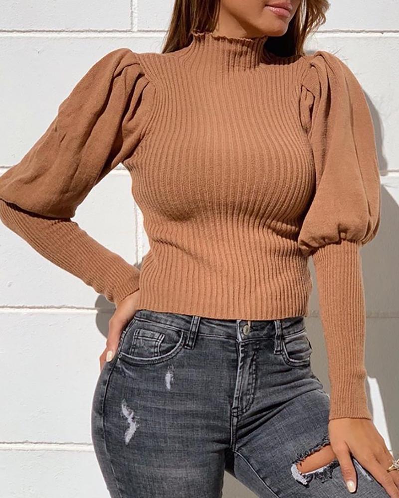 

Solid Lantern Sleeve Casual Sweater, Khaki