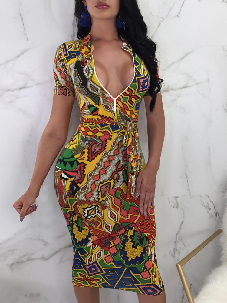

Tribal Print Zipper Front Bodycon Midi Dress, Multicolor