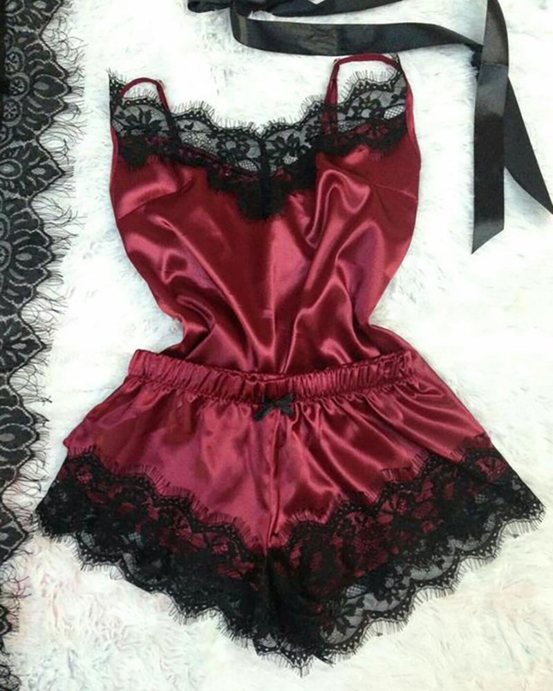 

Plus Size Lace Trim Bowknot Satin Cami Set, Wine red