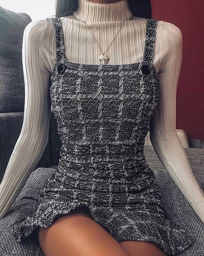

Grid Rove Spaghetti Strap Ruffles Hem Dress