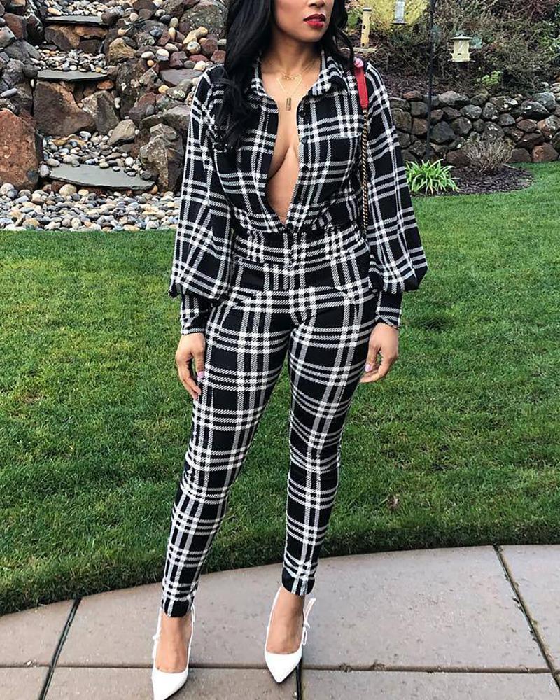 

Plaid Lantern Shirt & High Waist Pants Set, Black