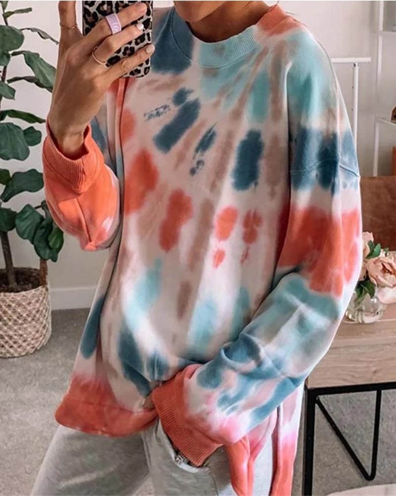

Tie Dye Print Slit Casual Sweatshirt, Multicolor