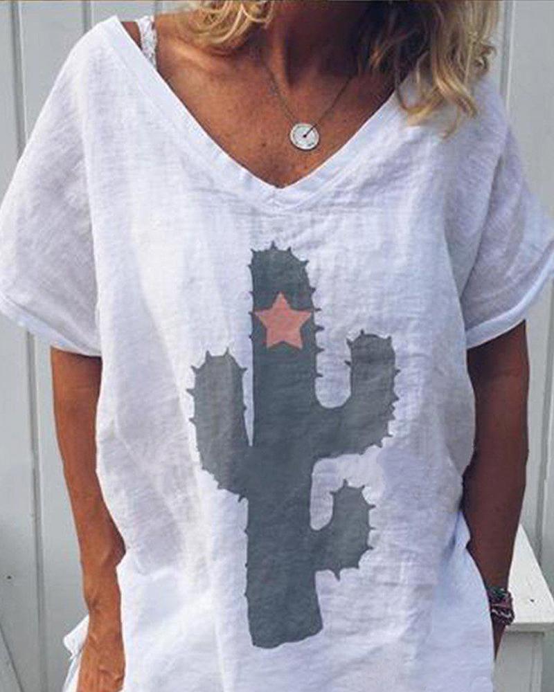 

cactus style V-Neck T-shirt, White