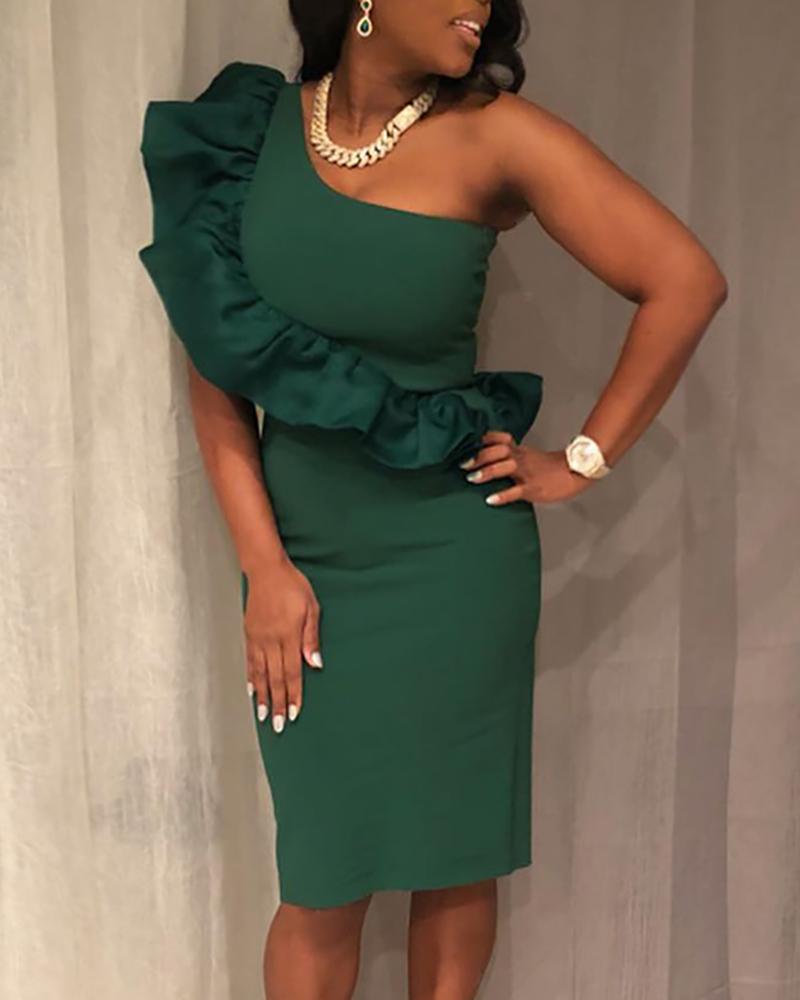 

One Shoulder Ruffles Midi Dress, Green