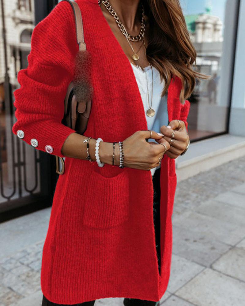 

Plain Pocket Design Open Front Cardigan, Red