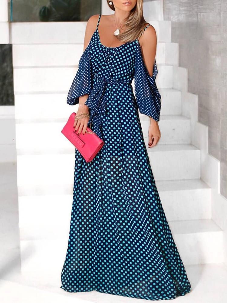 

Cold Shoulder Dots Print Puff Sleeve Maxi Dress, Blue