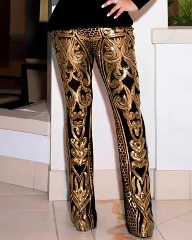 

Glitter Print Casual Pants, Black