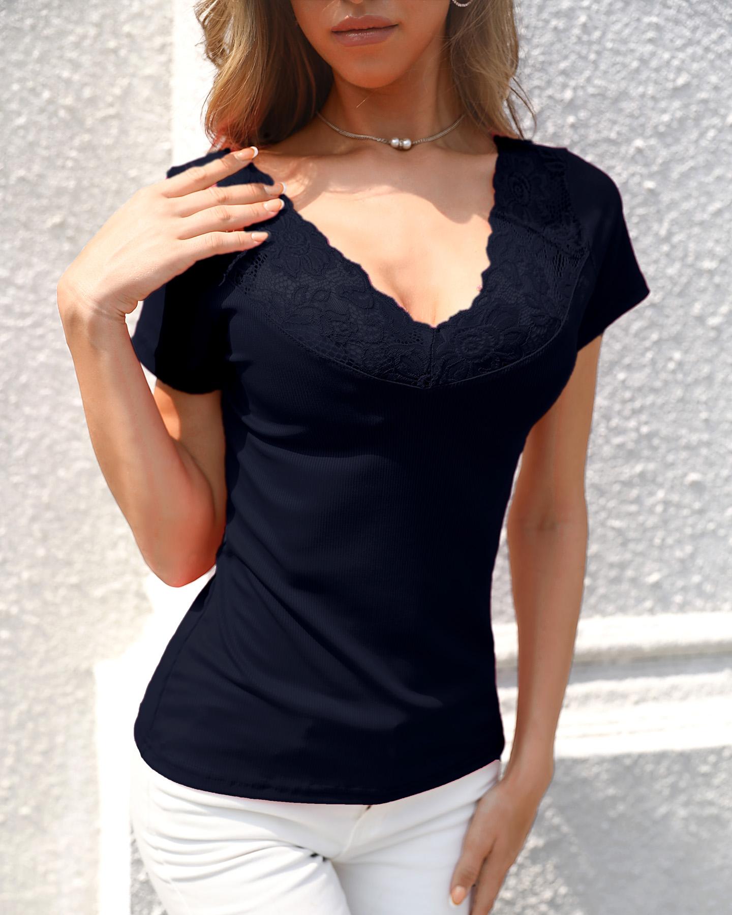

Lace Stitching V Neck Short Sleeve Blouse, Black