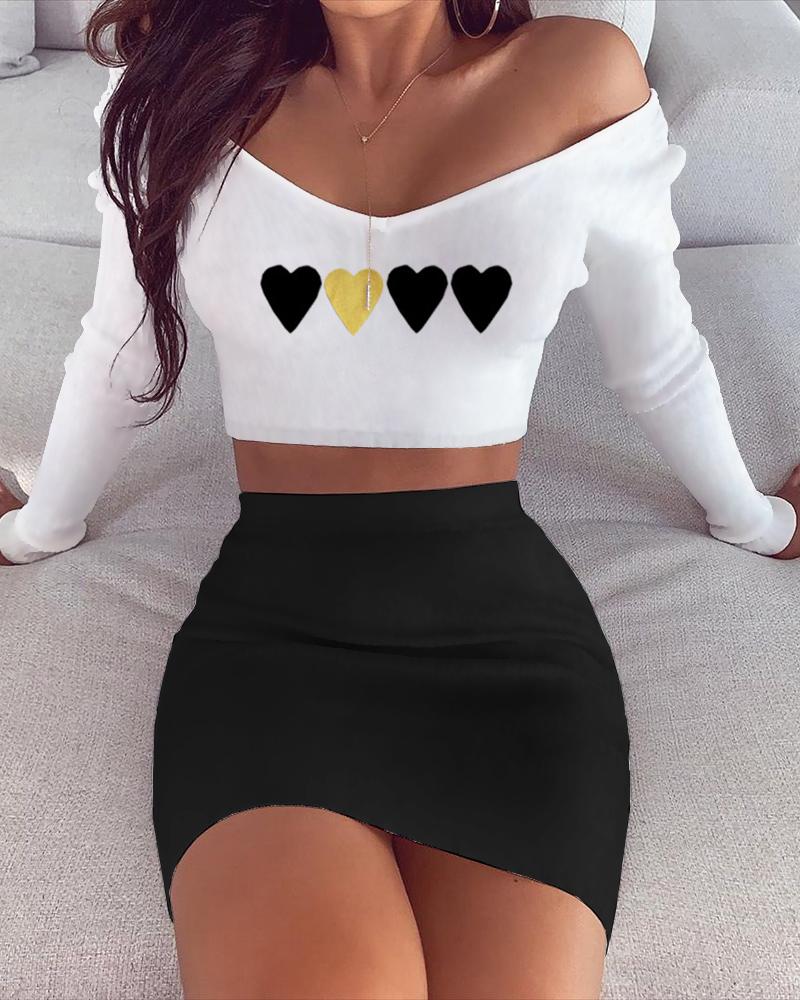 

Heart Print V-Neck Crop Top & Bodycon Skirt Sets, White
