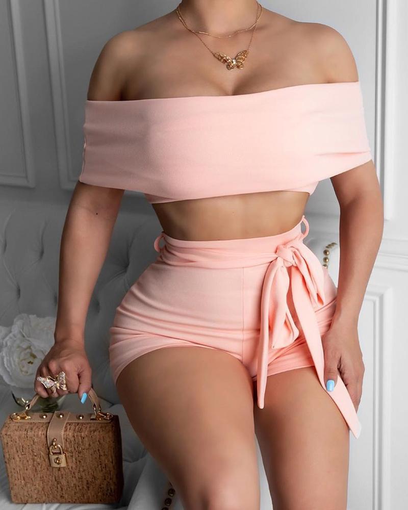 

Solid Off Shoulder Top & Short Sets, Pink