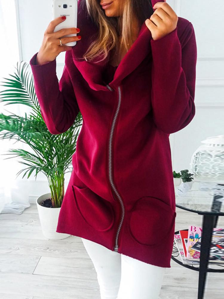 

Solid Zipper Pocket Design Hooded Sweatshirt, Red
