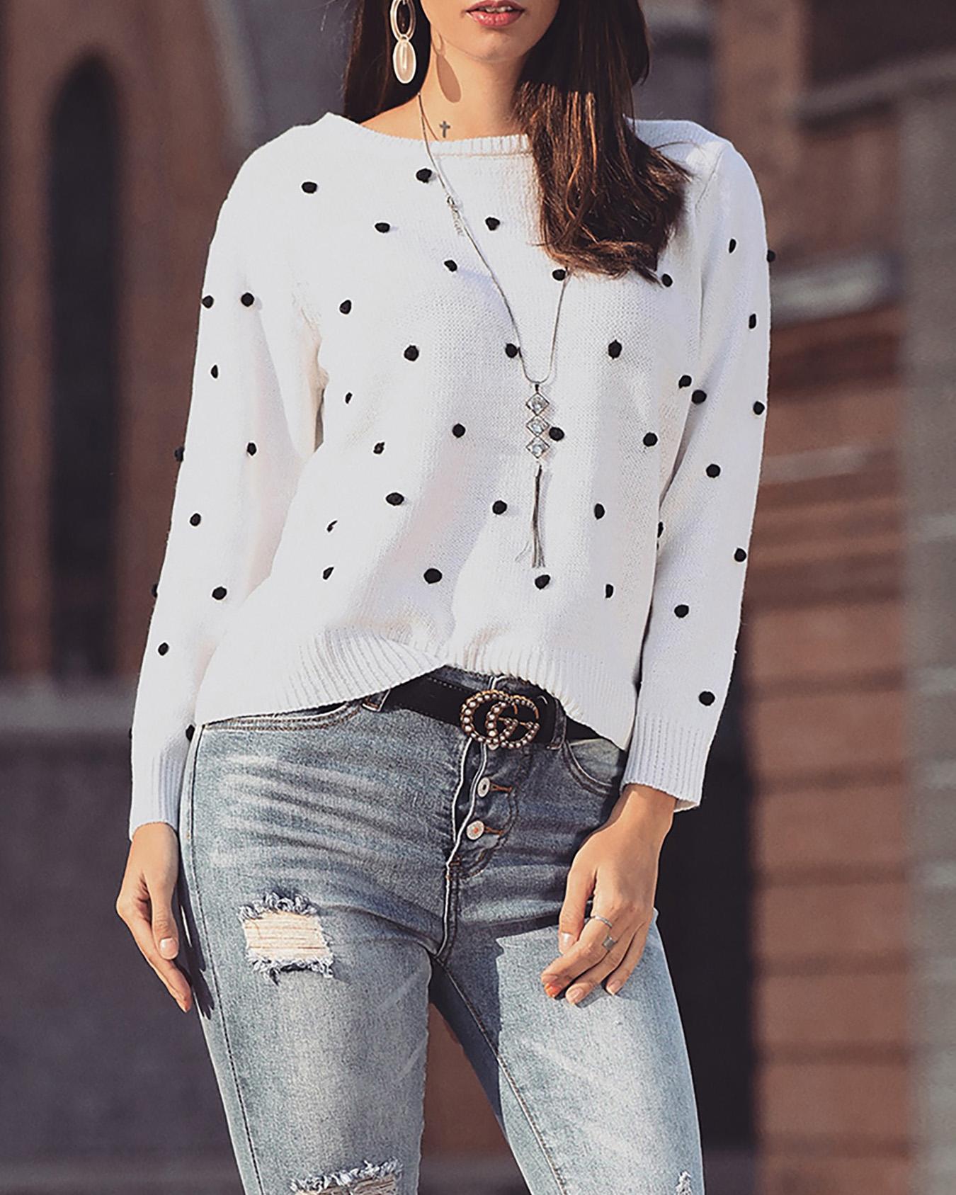 

Pom Pom Embellished Casual Sweater, White