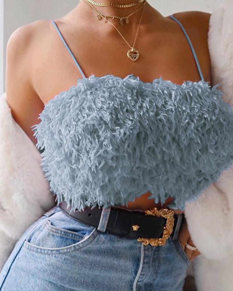 

Faux Fur Cami Crop Top, Blue