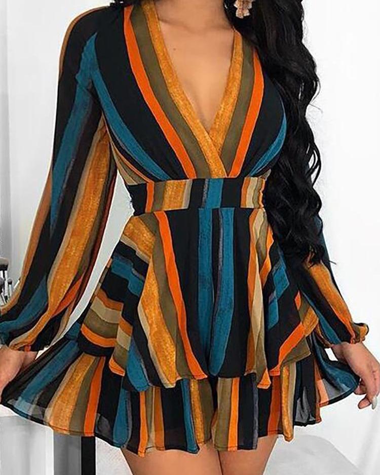 

Multi Color Stripes Layered Ruffles Mini Dress, Multicolor