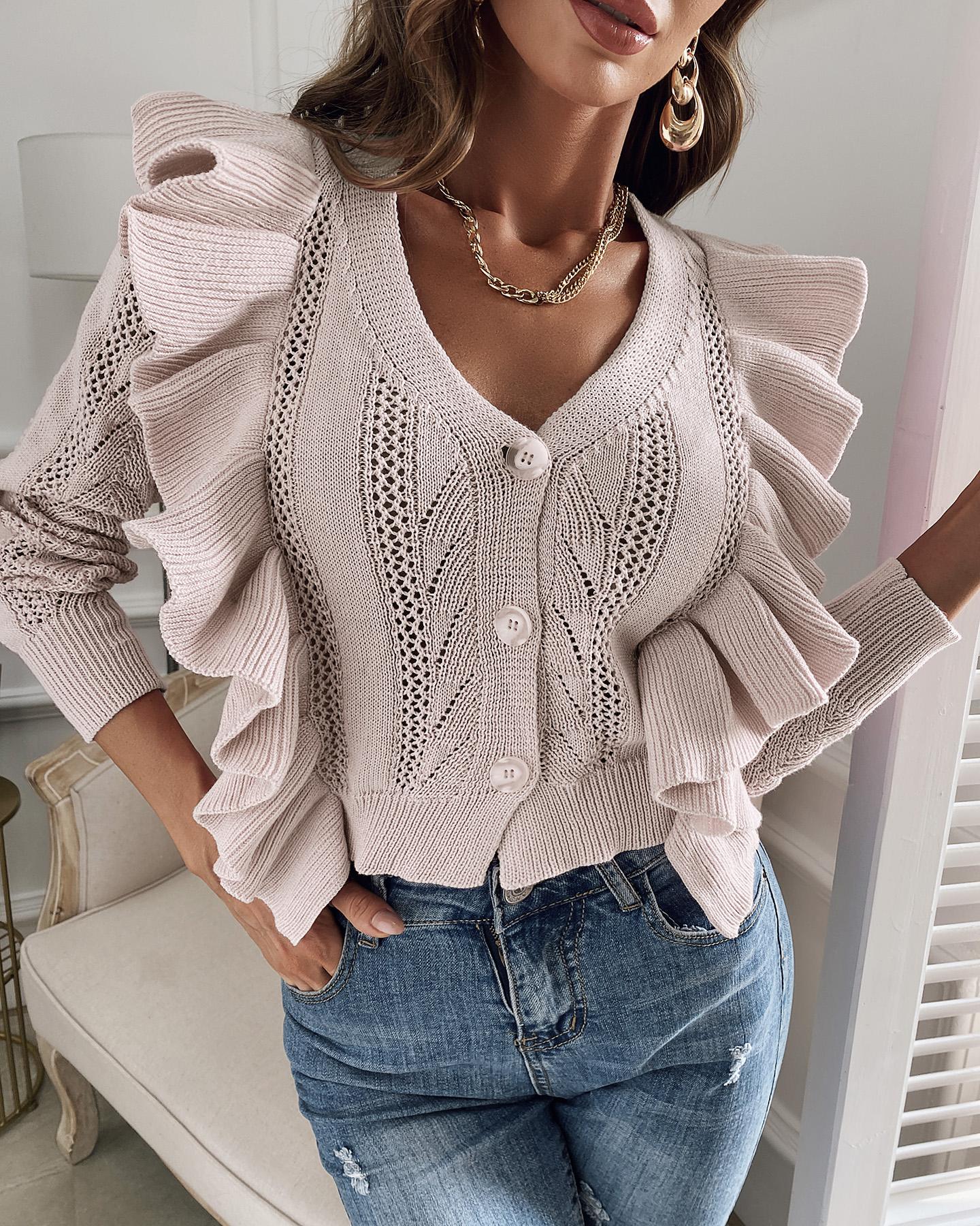 

Ruffles Hollow Out Knit Casual Cardigan, Beige