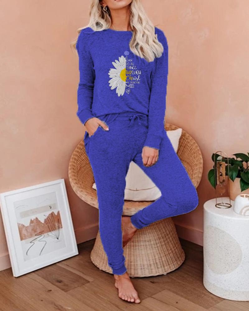 

Daisy Print Long Sleeve Suit Sets, Blue