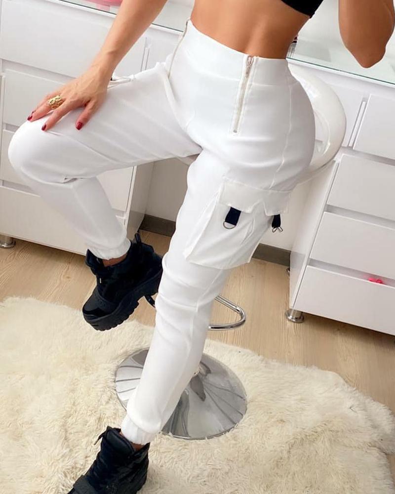 

Pocket Design Zip Solid Cargo Pants, White