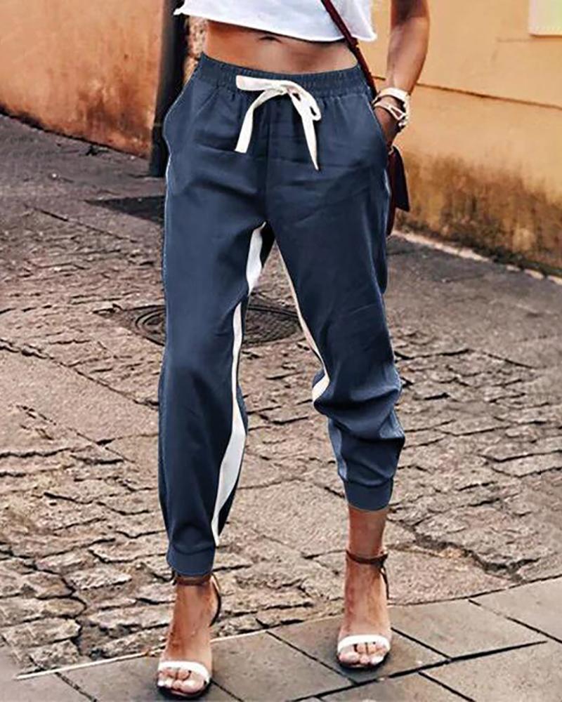 

Colorblock Tape Insert Drawstring Casual Pants