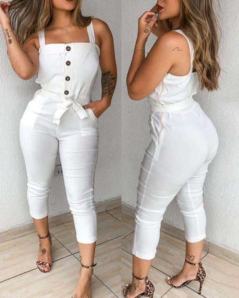 

Plain Buttoned Sleeveless Jumpsuit, White