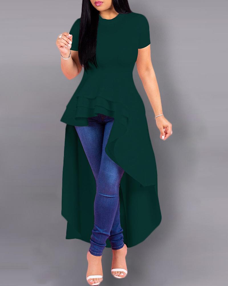 

Solid Dip Hem Ruffles Short Sleeve Blouse, Green