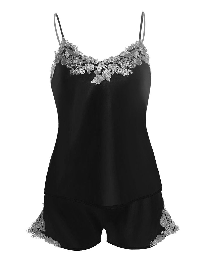 

Lace Trim Satin Cami Set, Black