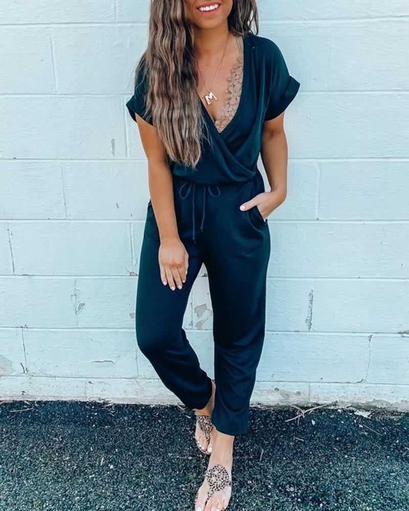 

V-neck Short Sleeve Casual Jumpsuit, Black