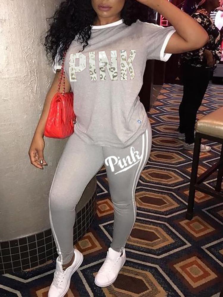 

Letter Print Contrast Binding Striped Pants Set
