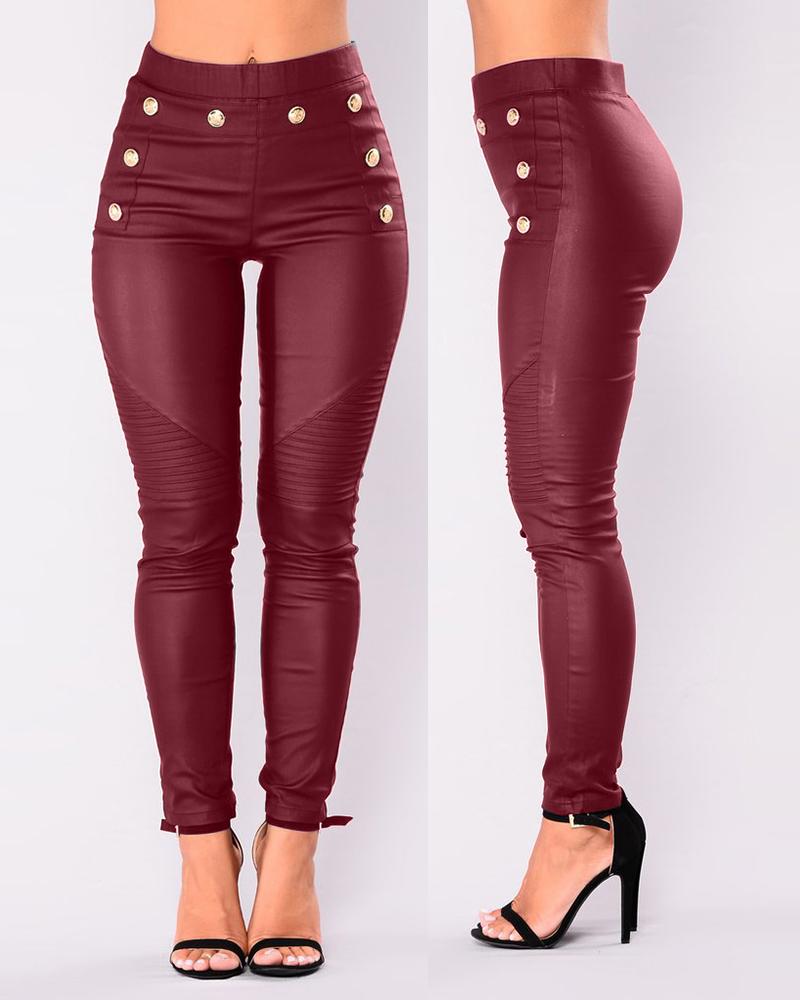 

Pu Leather Buttoned High Waist Skinny Pants, Wine red