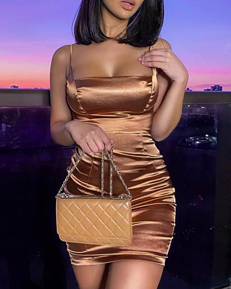 

Spaghetti Strap Ruched Satin Bodycon Dress, Brown