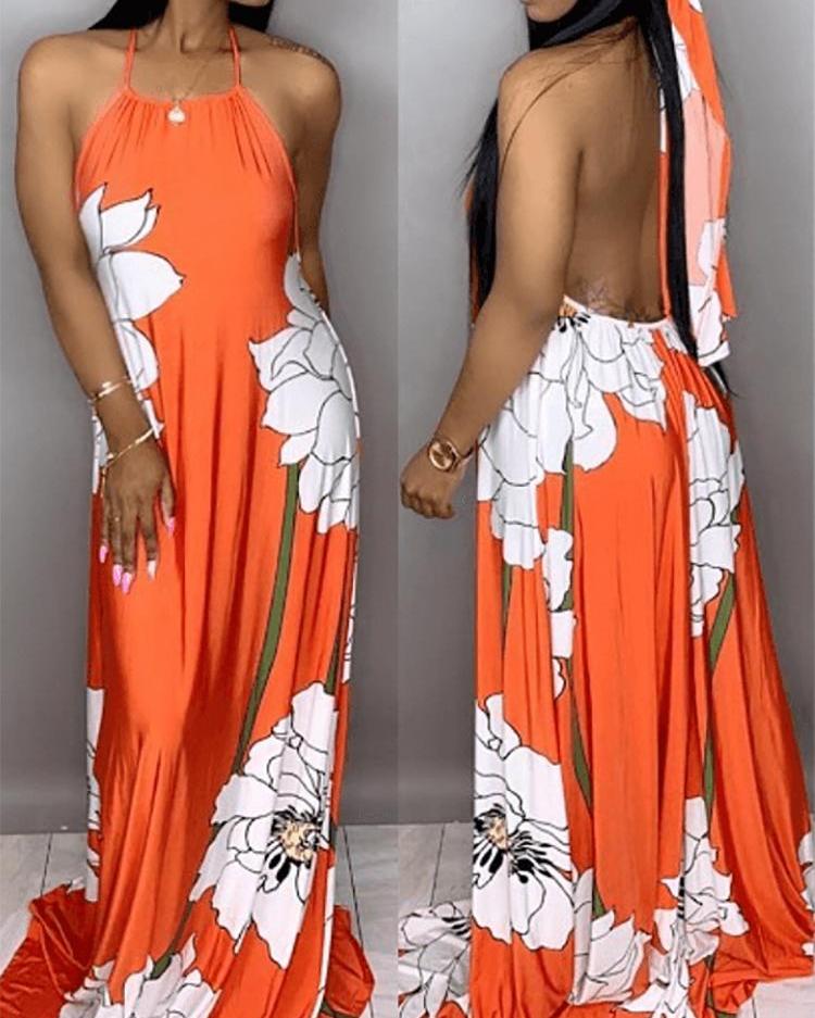 

Floral Print Halter Open Back Maxi Dress, Orange