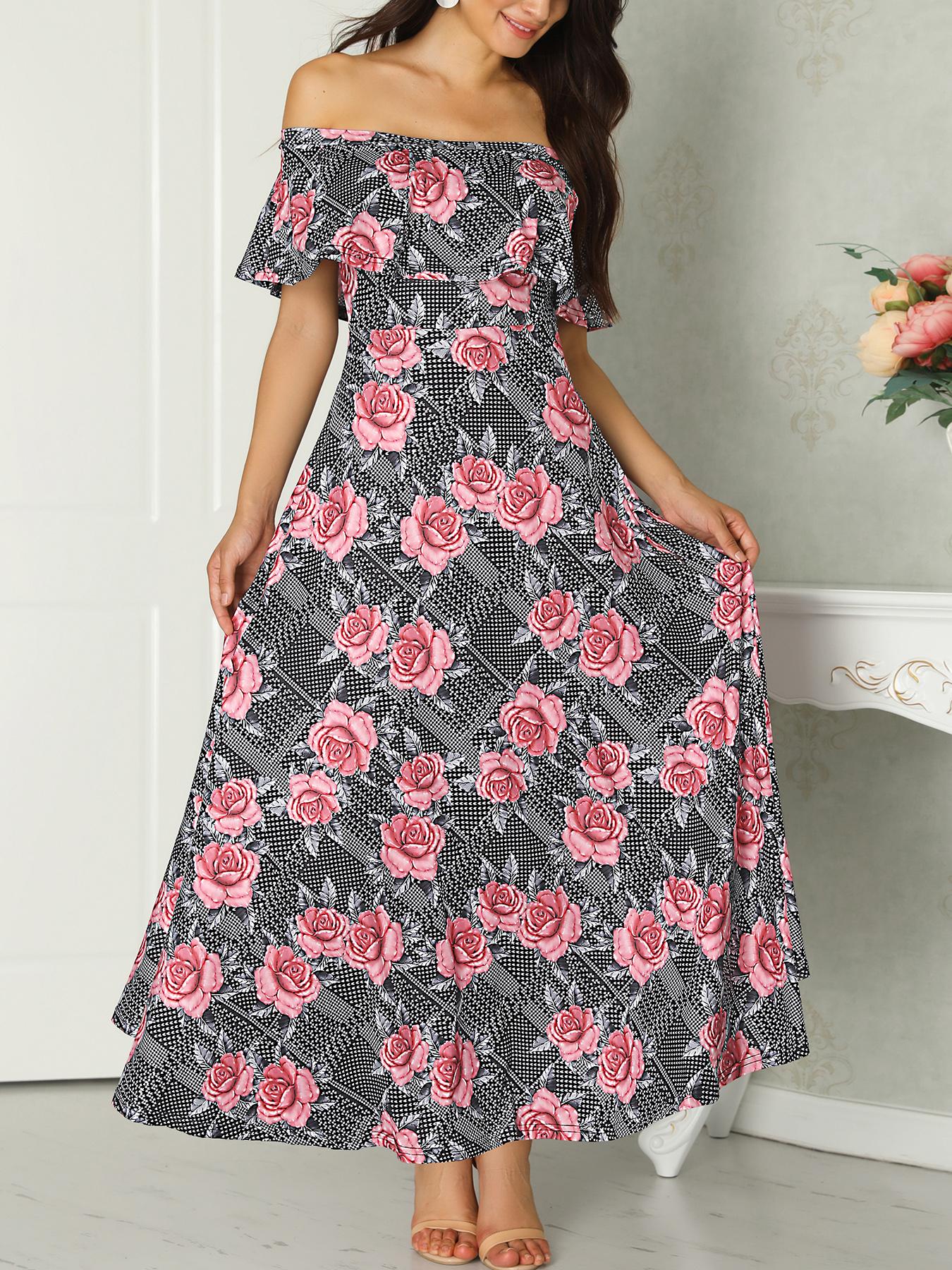 

Off Shoulder Flounce Floral Maxi Dress, Gray