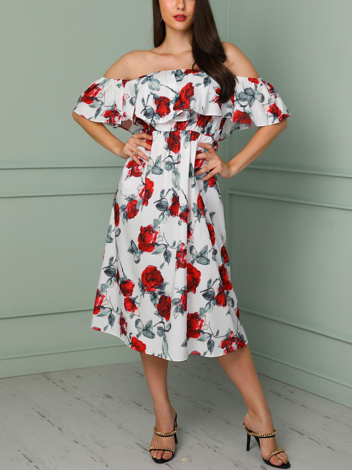 

Floral Print Off Shoulder Flounced Casual Dresses