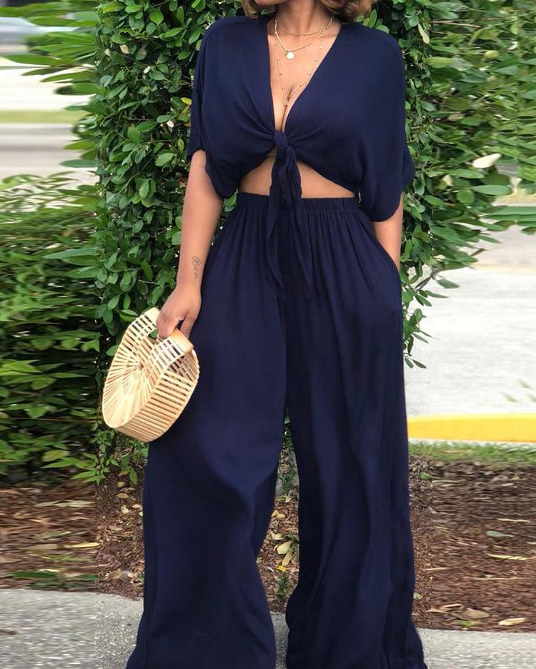 

Solid Knot Front Crop Top & Wide Leg Pants Sets