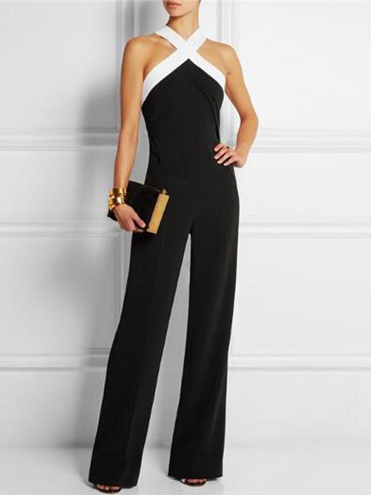 

White Binding Criss Cross Halter Wide Leg Jumpsuit, Black