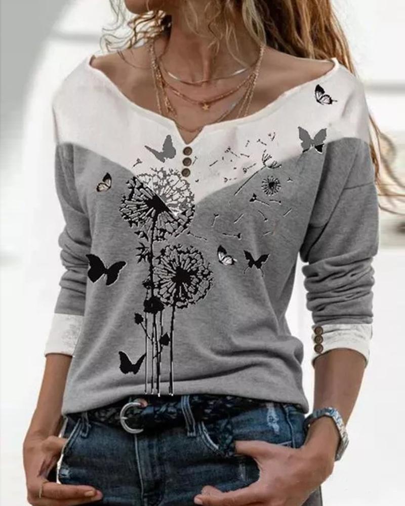 

Color Block Dandelion And Butterflies Print Long Sleeve Blouse, Gray