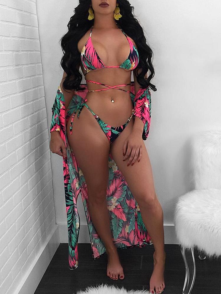 

3PCs Tropical Print Halter Bikini G-string With Cover Ups