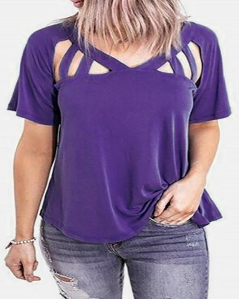 

Solid Cut Out Design V-neck T-shirt, Purple