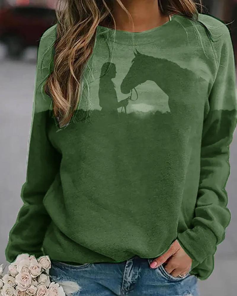 

Christmas Figure Horse Print Colorblock Top, Green