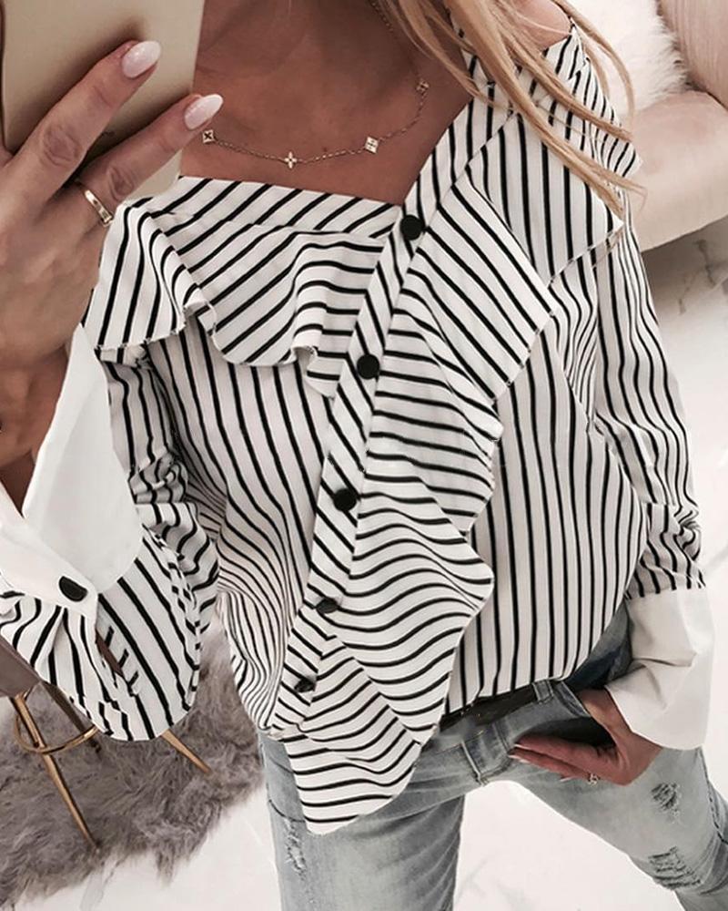 

Cold Shoulder Striped Ruffles Casual Blouse, White