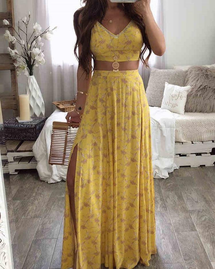 

Floral Print Cami Top & Thigh Slit Skirt Sets, Yellow