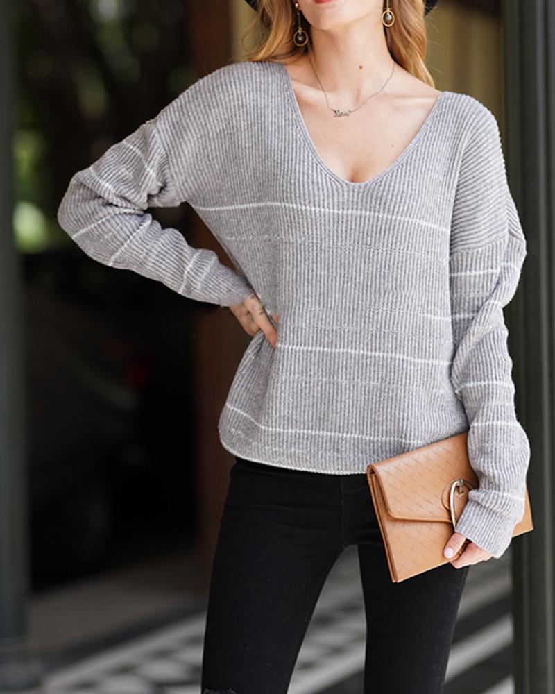 

Golden Striped Long Sleeve Knitted Sweater, Gray