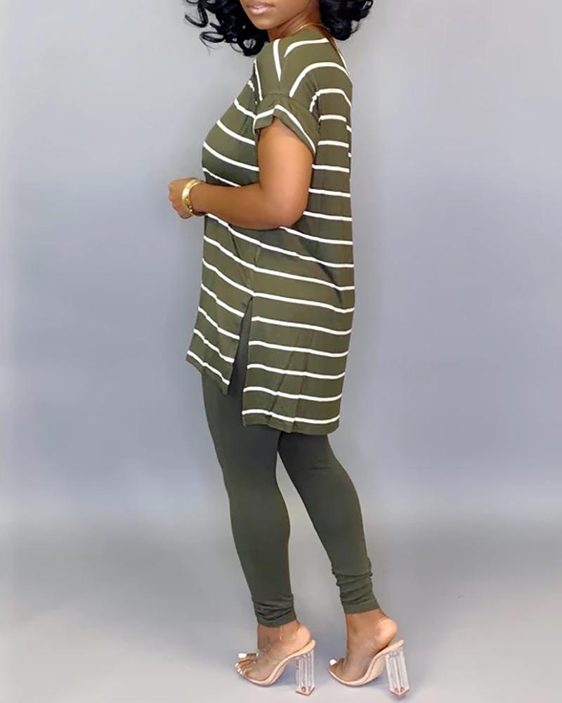 

V Neck Striped Side Slit T-shirt & Sporty Pants Sets, Green