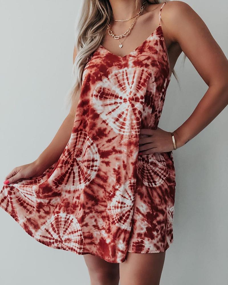 

Tie Dye Print V-neck Casual Dress, Red